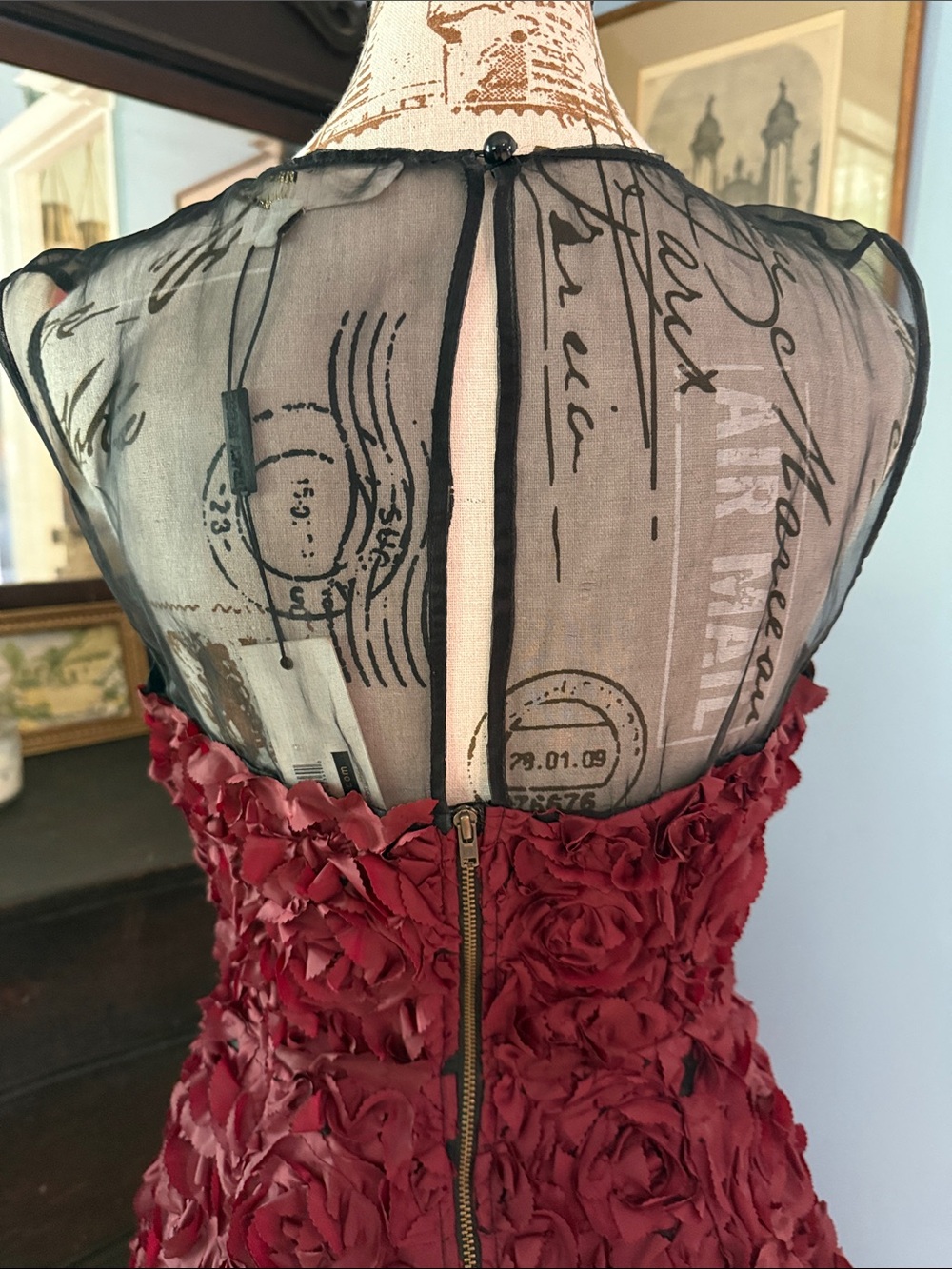 NWT Tracy Reese Burgundy Silk Rosette Floral Cocktail Dress Illusion Mesh Size 8 - Picture 7 of 16